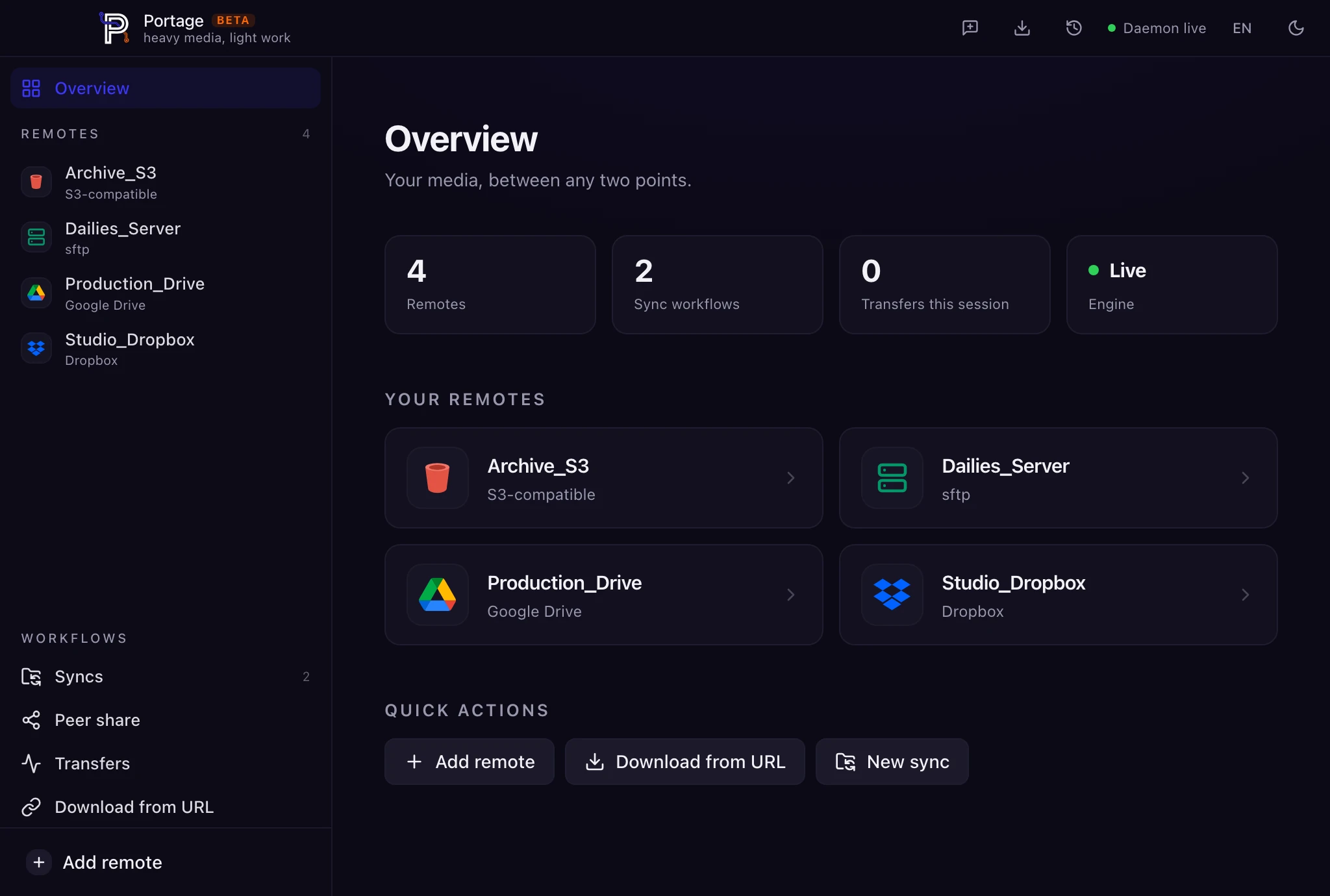 Portage macOS app — Overview dashboard with connected remotes